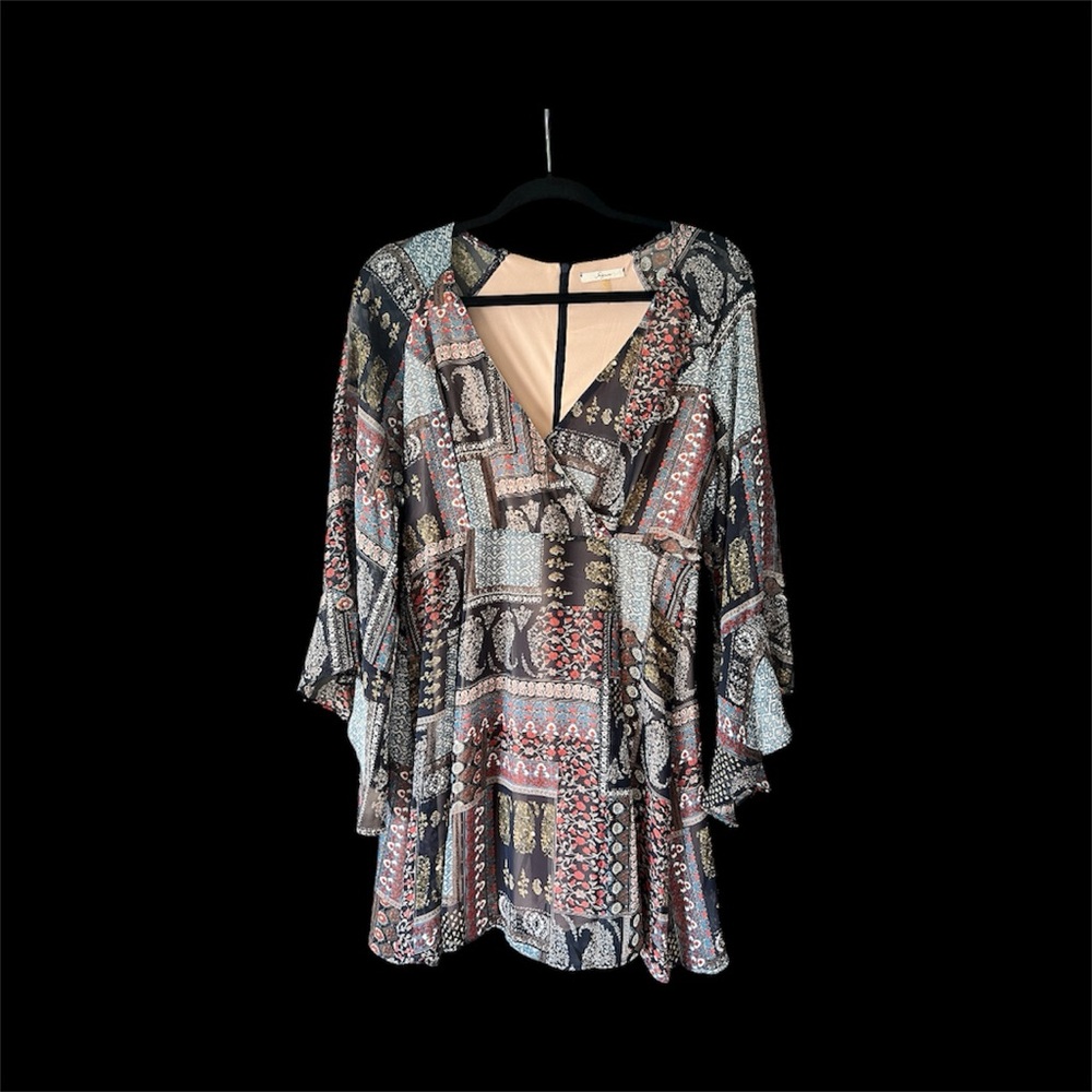 Soprano Flowy Boho Paisley Patchwork Romper/Dress with Bell Sleeves